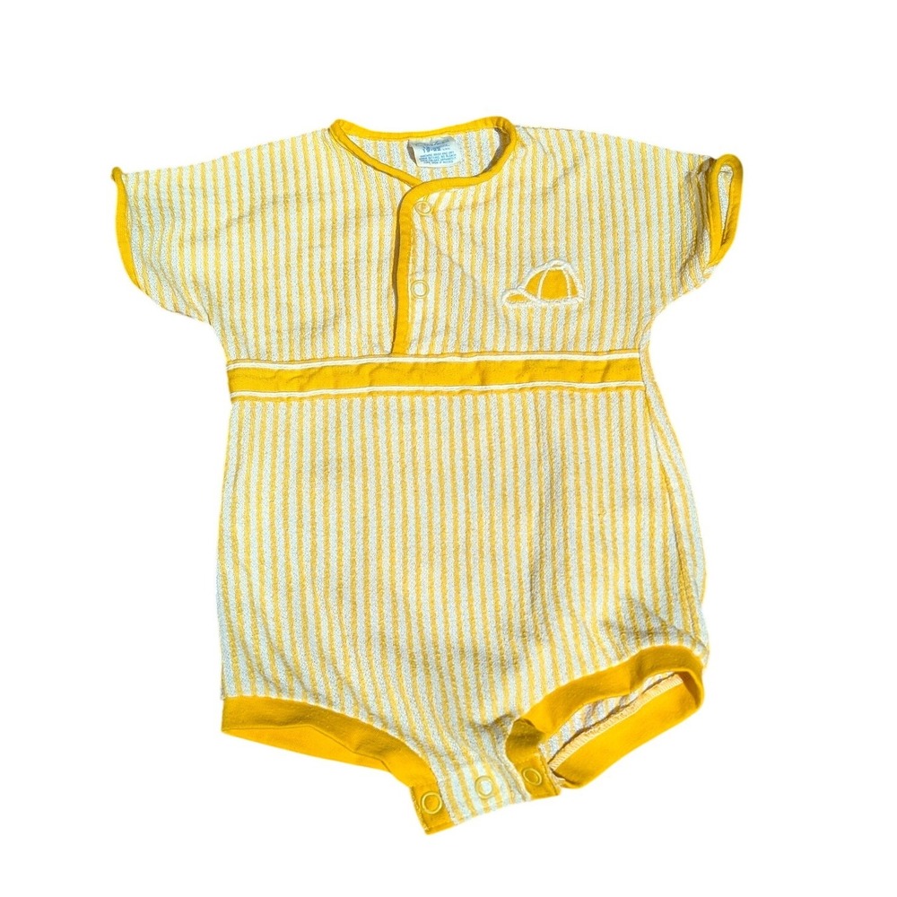 VTG Carter's Yellow White Stripe Baby Romper One Piece Terry Cloth 12M